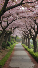 a path lined with trees that are lined with pink flowers