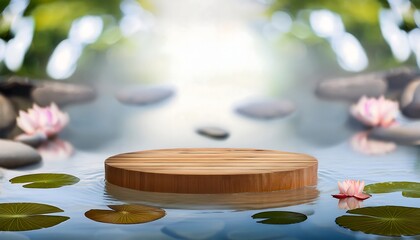 Wooden podium for products to float in the middle of calm and relaxing lake or river water with typical aquatic plants around it. advertisement. promotion. Cosmetics