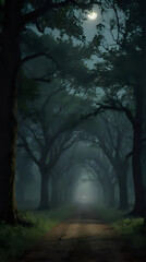 Fototapeta premium a dark forest with a path leading to a light