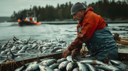 The herring Festival in Finland. the fisherman is sorting through the fish. a man sorts fish