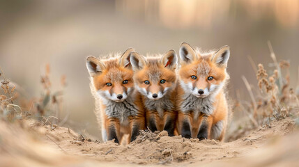 Obraz premium Three baby foxes are standing in the dirt, looking at the camera. The image has a warm, natural feel to it, with the foxes appearing cute and playful