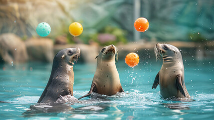 Obraz premium Three seals are playing with a ball in a pool. The scene is lively and playful, with the seals enjoying their time in the water