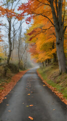 a long road with trees on both sides and a bench on the other side