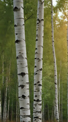 a many white birch trees in the woods with sun shining through them