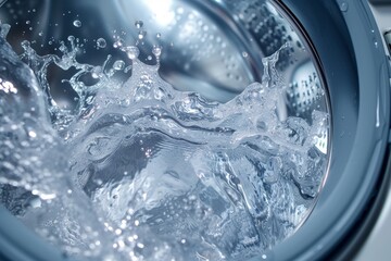 Water splashes in washing machine drum close up washing clothes