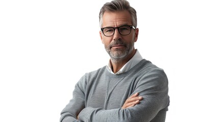 Photo of middle-aged man with arms crossed, wearing glasses and a grey sweater on a white background.