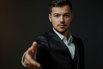 Well dressed man in suit either businessman or salesman extends hand to finalize business with contract
