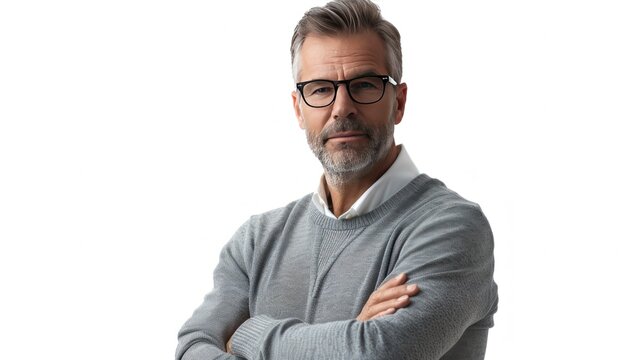 Photo of middle-aged man with arms crossed, wearing glasses and a grey sweater on a white background. - Powered by Adobe