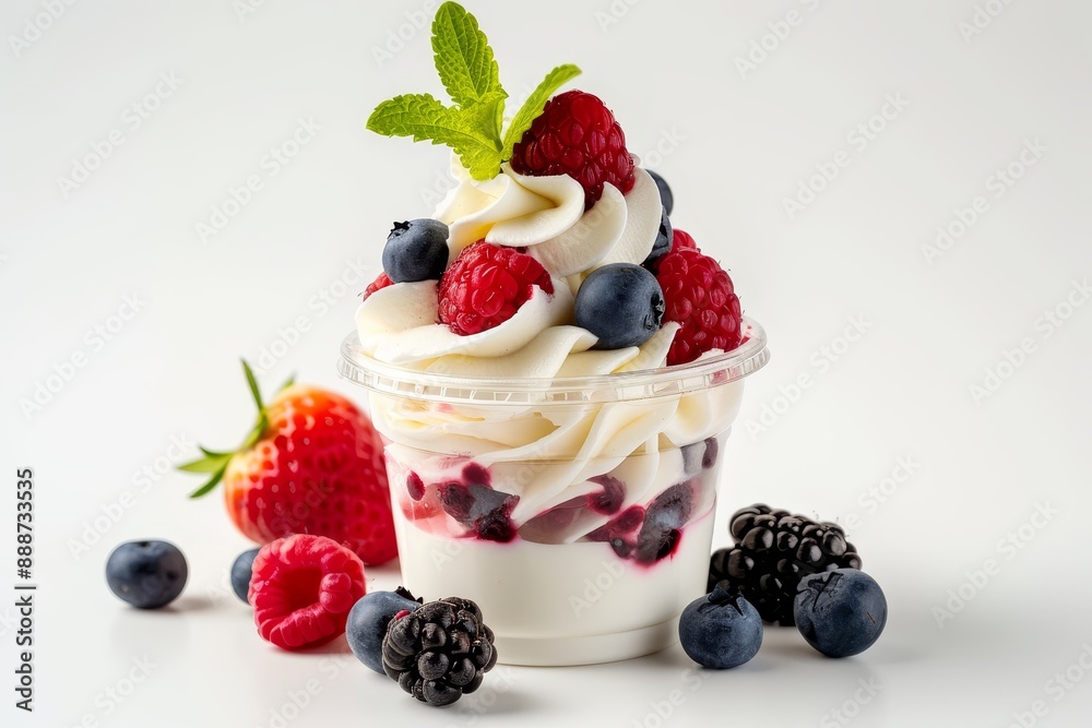 Poster whipped cream and fresh berries in a plastic cup alone on a white background