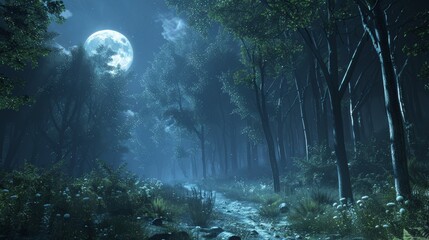 Full Moon Shining Brightly Over a Quiet Forest Trail with Sparkling Stars in Night Scene