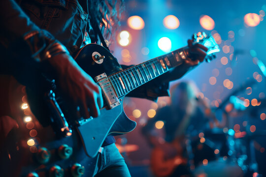 Music band group perform on a concert stage. Guitarist on stage for background, soft and blur concept --ar 3:2 --style raw Job ID: 6ef16db0-3cf9-4fb0-a884-216505bfd594