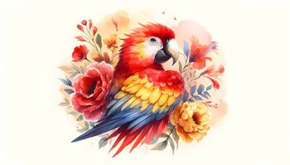 Obraz premium How about: A colorful red and yellow macaw parrot perched on a branch, illustrated in a vibrant, tropical style