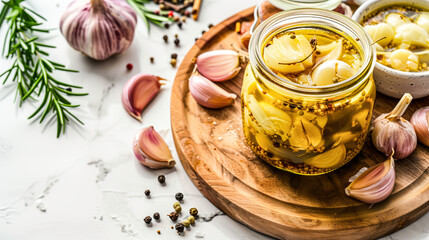 Garlic pickle in a jar on a wooden chopping board, fresh garlic cloves and spices