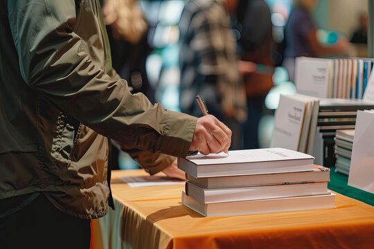 Writer signing copies of their best-selling book at a book signing event