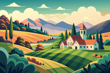 Stunning Summer Countryside Art: Idyllic Rural Landscape Illustrations & Scenic Village Backgrounds