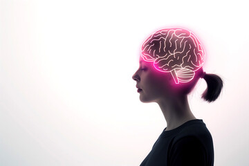 Side view concept photo of a white woman with glowing brain on a white background, banner design with copy space