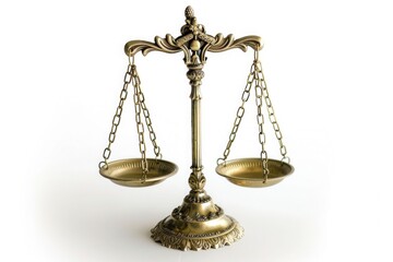Brass scales of justice with intricate details, centered on a white background, with sharp focus.