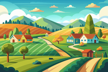 Stunning Summer Countryside Art: Idyllic Rural Landscape Illustrations & Scenic Village Backgrounds