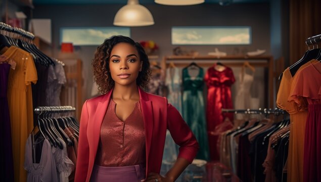 Portrait of a Black woman owning a clothing retail store, successful businesswoman in the fashion industry. African American small business owner