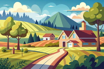 Fototapeta premium Stunning Summer Countryside Art: Idyllic Rural Landscape Illustrations & Scenic Village Backgrounds