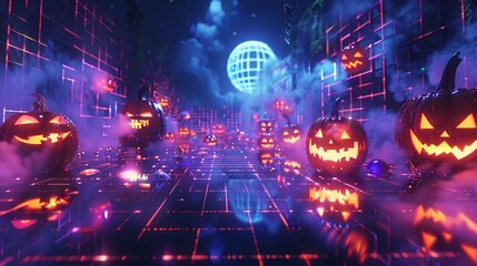 Fototapeta premium 39. Halloween Day: Creative Halloween-themed virtual reality design space, floating assets, neon grid