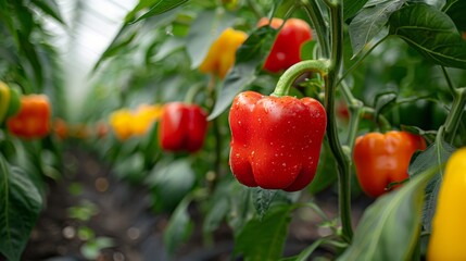 Close up of ripe bell peppers hanging from plants in a greenhouse Generative AI