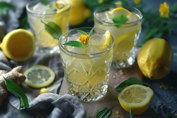 Fototapeta premium Refreshing iced lemonade with ginger and mint, perfect for summer.