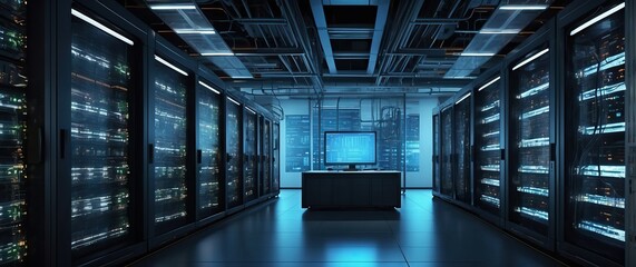 A high tech server room filled with racks of servers, cables, and a central monitor showcasing modern data center equipment and digital infrastructure