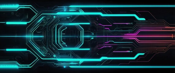 Neon lit futuristic circuit board image, perfect for tech, cyberpunk, or digital transformation concepts, suitable for high tech and sci fi themes