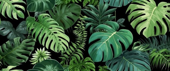 Tropical leaves pattern with lush green foliage creating a vibrant and exotic atmosphere, perfect for nature themed designs, summer events, and relaxation concepts