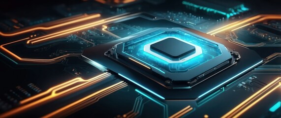 Close up of a futuristic microchip on a circuit board, highlighting modern technology and innovation  Perfect for tech, computing, and engineering concepts