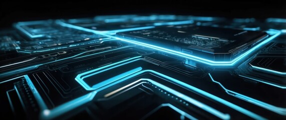 Glowing blue circuit with a futuristic microchip, symbolizing technology, innovation, and modern electronic advancements in data processing