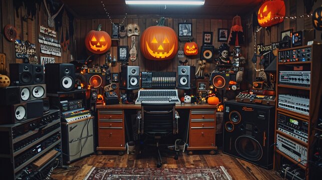 23. Halloween Day: Professional Halloween sound studio, spooky foley props, mixing console