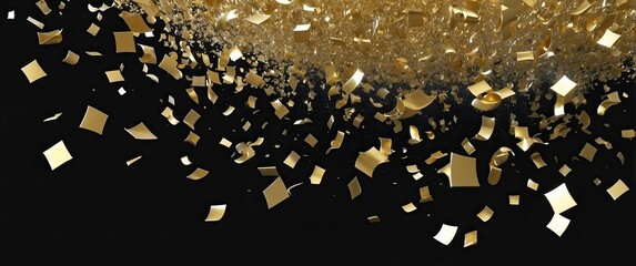 Obraz premium A cascade of golden confetti sparkles against a black background, creating a festive and elegant atmosphere suitable for celebrations and special occasions