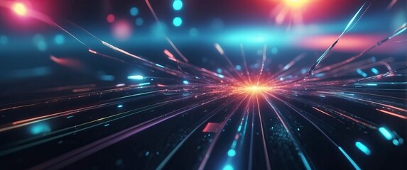 Naklejka premium A vibrant, futuristic explosion of light and energy, capturing a dynamic and innovative atmosphere perfect for technology or sci fi themes