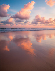 Fluffy clouds at sunset sky