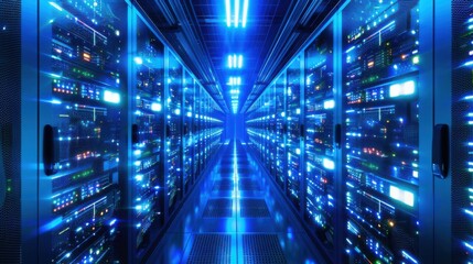 A futuristic data center with blue lighting, filled with server racks and equipment in a well-organized network infrastructure for technology solutions.