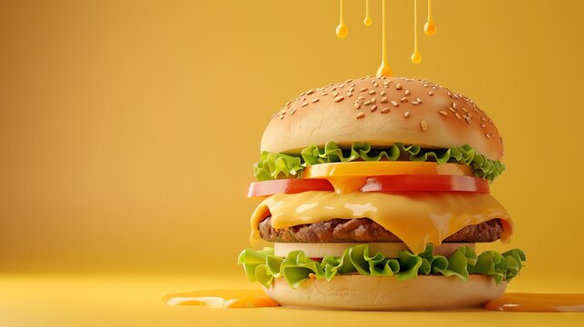 3D of a dripping berger sandwich, front view, flat design, food theme,