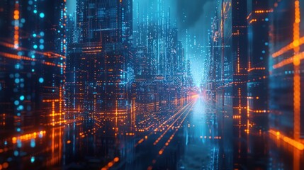 Obraz premium Digital Cityscape: A Futuristic Urban Scene Illuminated by Vibrant Lights