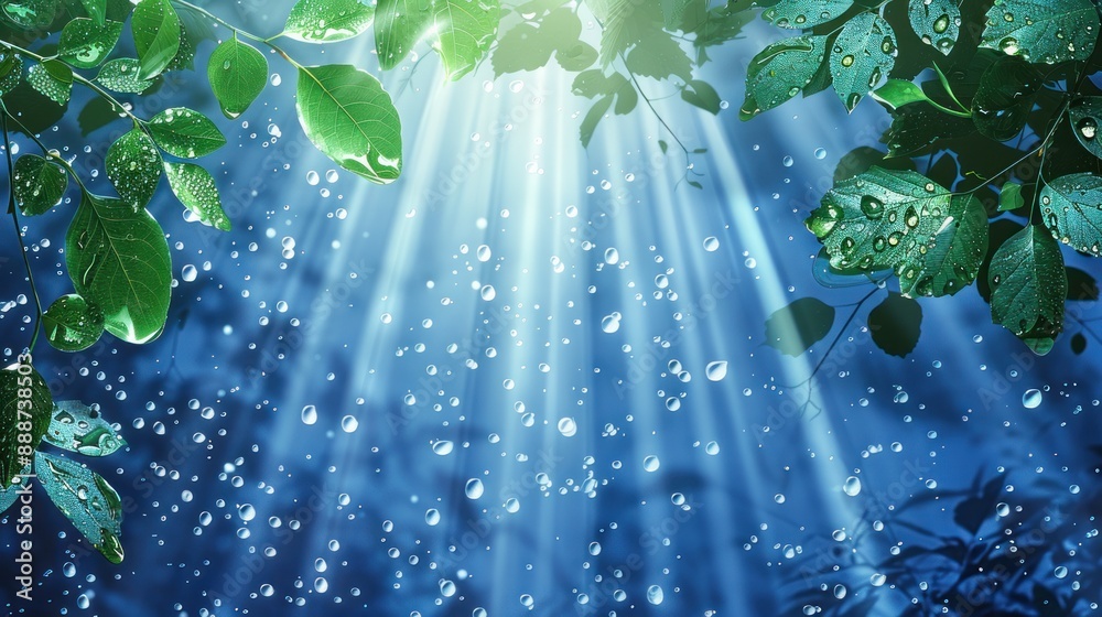 Poster Sunlight Through Green Leaves with Rain