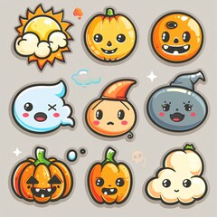 Obraz premium 94. Kawaii Halloween weather icon set, spooky sun, moon, clouds