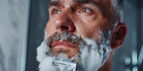 Creative Middle-Aged Man Shaving with Electric Razor in Bathroom, Close-Up Shot. Facial Care and Male Grooming Concept, Ideal for Beauty Salon Razor Father's Day Gift Commercial Ads or Summer Party In