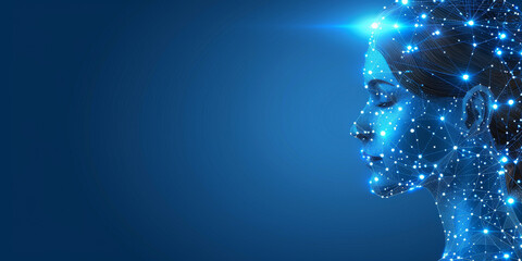 Creative polygonal head outline with brn on blue background. Artificial intelligence, innovation and machine learning concept. 3D Rendering.