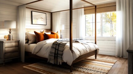 Modern bedroom in French country style, featuring a canopy bed, vintage nightstands, and pastel decor, bright and detailed digital art