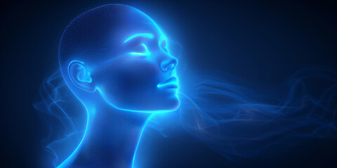 Creative polygonal head outline with brn on blue background. Artificial intelligence, innovation and machine learning concept. 3D Rendering.