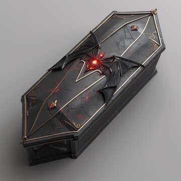 63. 3D vampire coffin logo, opening lid, bat escape effect