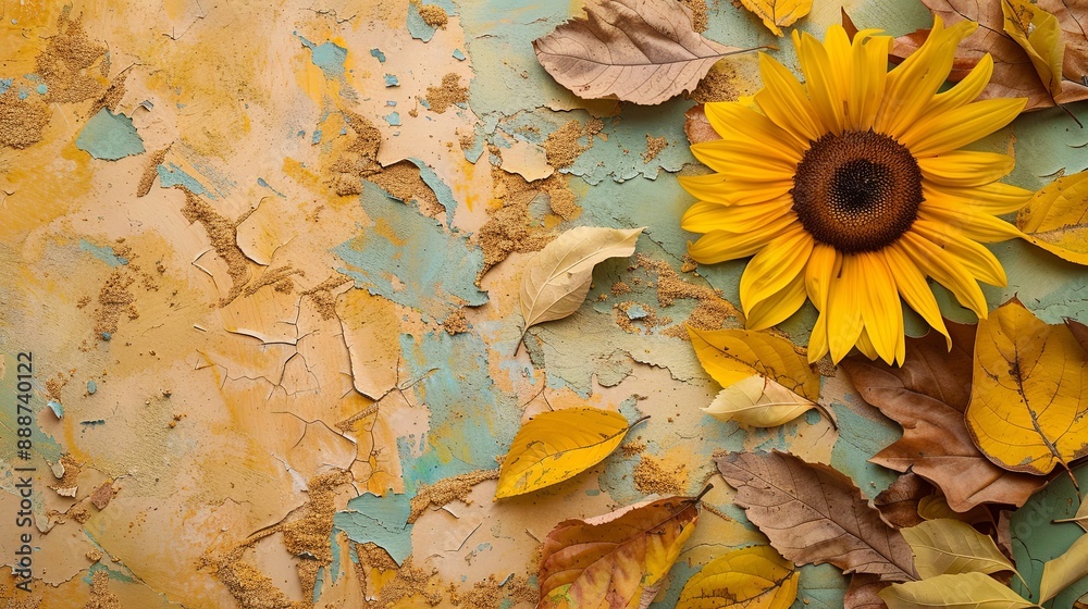 Canvas Prints A floor and a wall with focus on crumbled dried leaves with a view