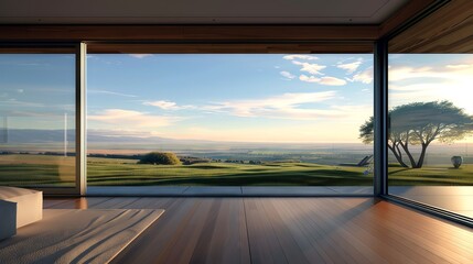 Shipping container house with large windows, bright and sunny, eco-friendly living, detailed illustration