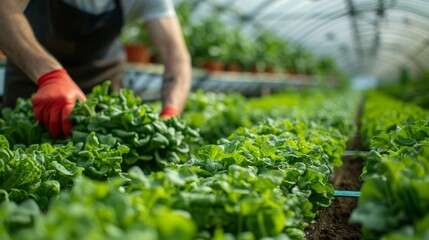 Farmers harvesting fresh vegetables in a spacious greenhouse Generative AI