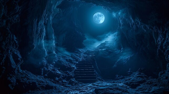 17. Halloween Day: Werewolf's den, moonlit cave, glowing eyes in darkness